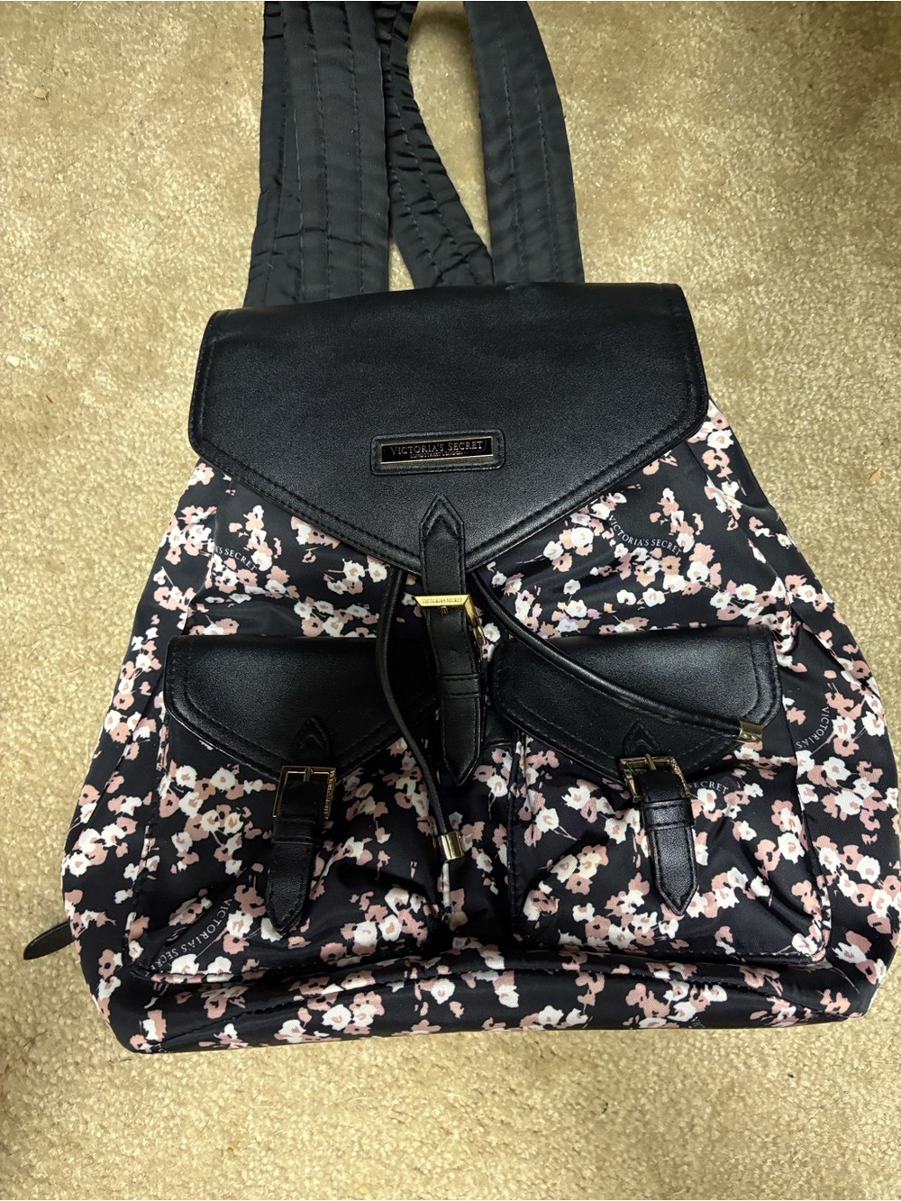 Victoria's Secret Black Backpack with Pink Floral Print and Faux Leather Accents